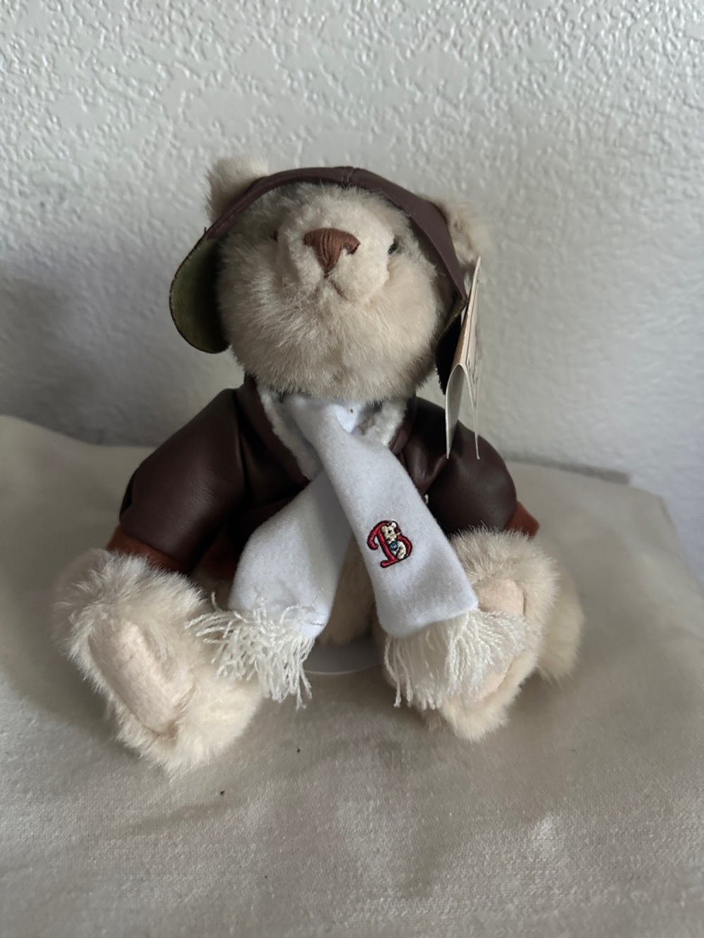 Plush Bear in Brown Aviator Jacket with White Scarf